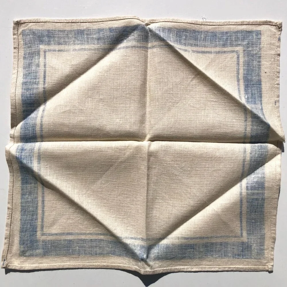 vintage Linen Napkins Cream with Blue Border 1950's set of 4 AS IS with stains